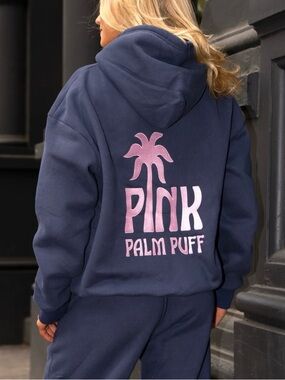 PINK Palm Puff Navy Hoodie with Pink Logo NWT